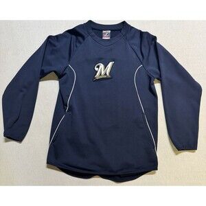Majestic Milwaukee Brewers Thermabase Mens Crewneck 2012 Navy Blue Emboridered S